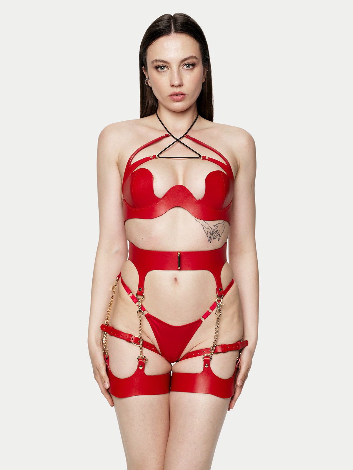 Doja Leather Garters and Bra Set in Red
